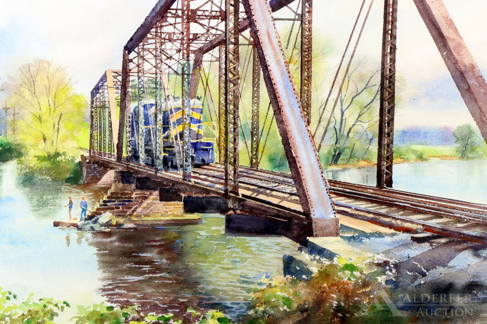 Ranulph Bye (1916 - 2003): Watercolor, "Black River & Western R.R. over the Raritan, Flemington , N.J." SLL. Summer landscape with a locomotive crossing over the bridge with a pair of fisherman below. Provenance: The Coryell