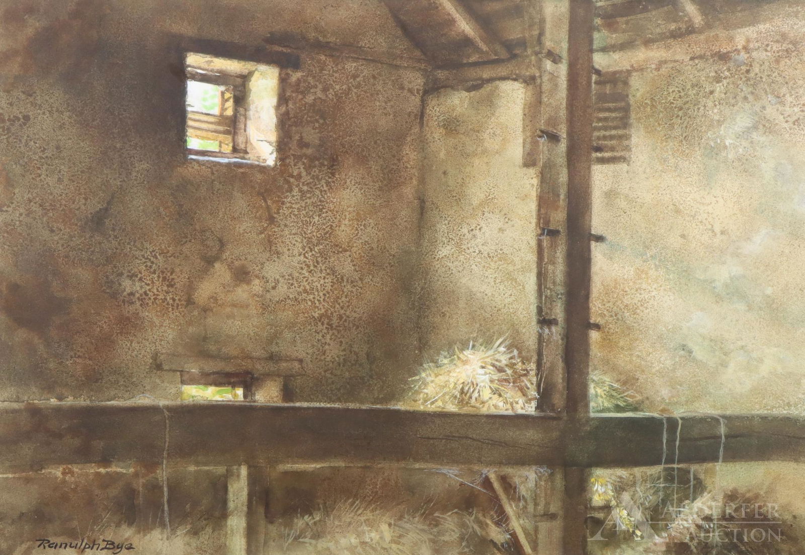 Ranulph Bye (1916 - 2003): Watercolor, "The Broken Louver", SLL. Interior stable or barn scene . 14"h x 20.5"w sight and 23"h x 29.5" framed