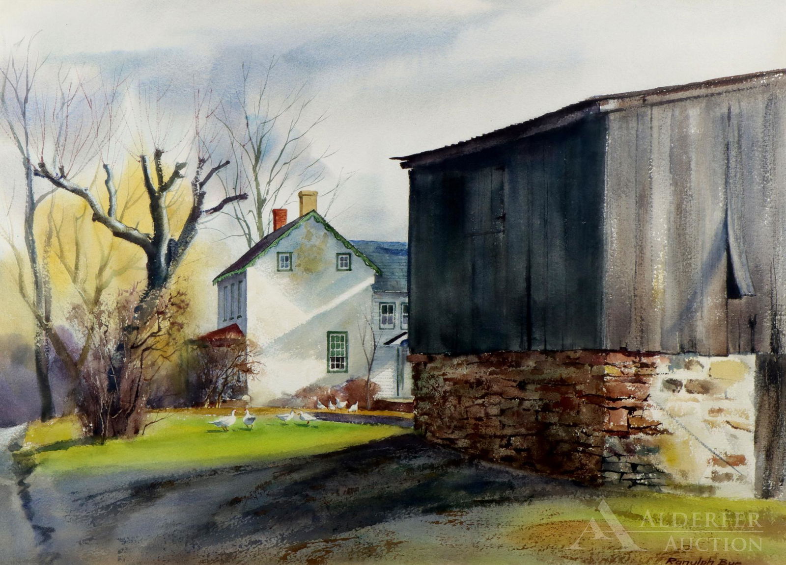 Ranulph Bye (1916 - 2003): Watercolor, SLR. Autumn landscape with with an overlooking a homestead with ducks and chickens milling about. 20.25"h x 28.25"w sight and 29."h x 37"w framed