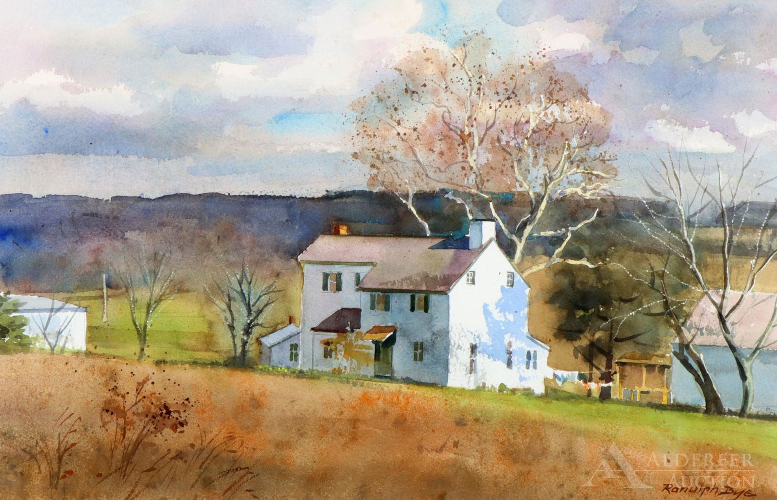 Ranulph Bye (1916 - 2003): Watercolor, "Farmhouse on Long Lane", SLR. Autumn pastoral landscape overlooking a homestead and outbuildings. 13"h x 20"w sight and 22"h x 29"w framed