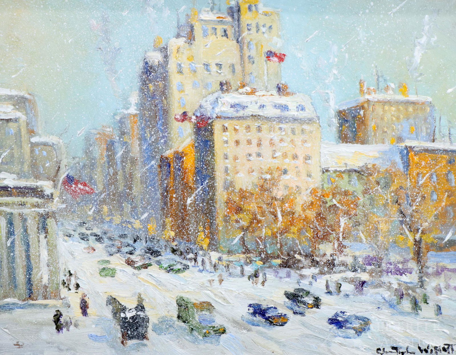 Christopher Willett (born 1959): Oil on board, SLR. Bustling winter New York City landscape. 11"h x 14"w and 19"h x 21.5"w