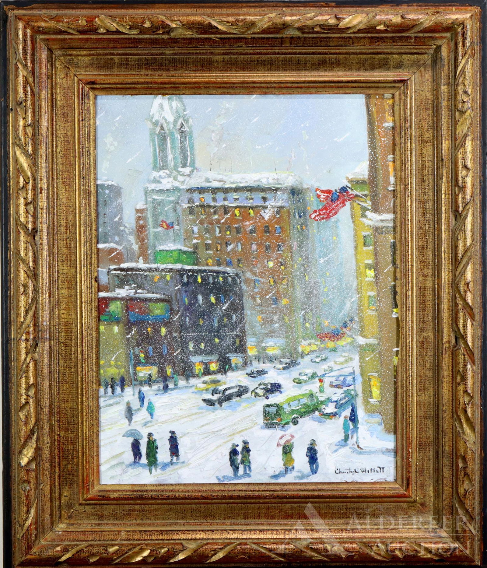 Christopher Willett (born 1959): Oil on board, "Downtown New York, Manhattan", SLR. Snowy winter landscape of NYC. 17.5"h x 13.5"w and 25"h x 21"w framed