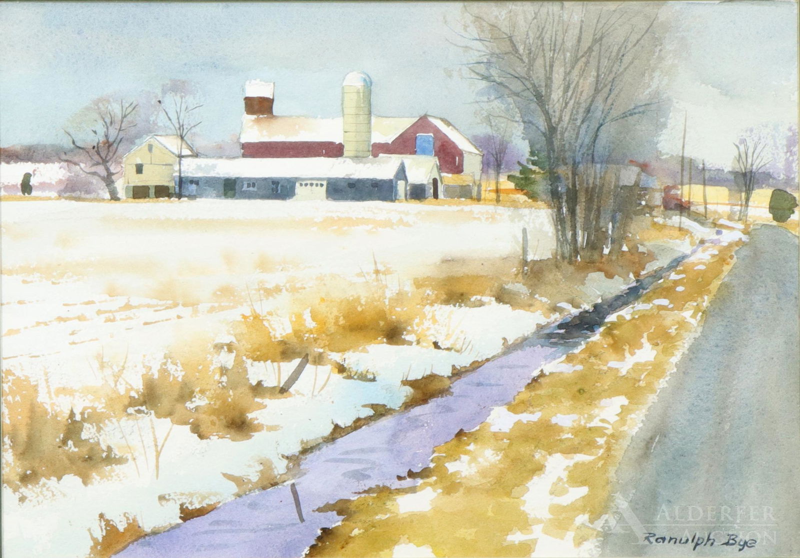 Ranulph Bye (1916 - 2003): Watercolor, "Potters Lane", SLR. Winter rural landscape with a barn and silo in the distance. Provenance: The Coryell Gallery, Lambertville, Pa". 9.5"h x 13.75"w sight and 18.5"h x 22.75"w framed