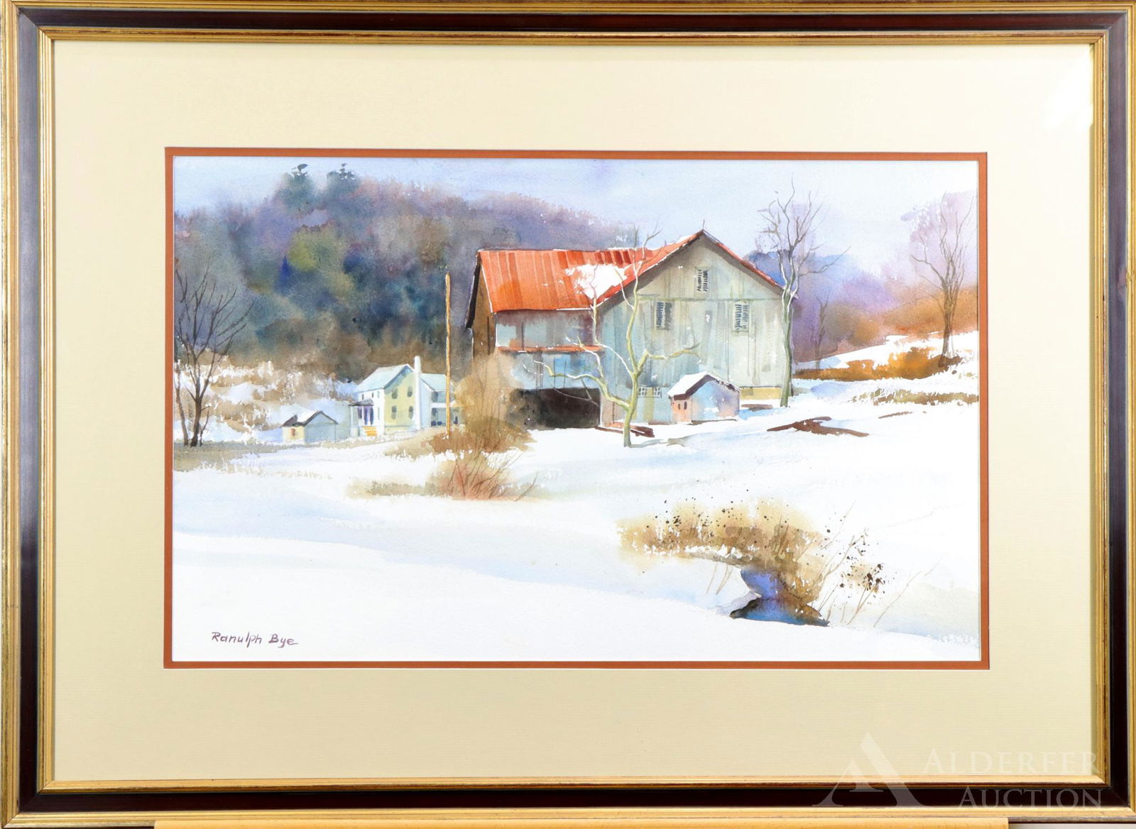 Ranulph Bye (1916 - 2003): Watercolor, "Back Country", SLL. Winter pastural landscape with a partially snow covered barn amidst varying foliage. Proveance: Gentle Winds Gallery, Doylestown, PA. 13"h x 21`"w sight and 22"h 30"