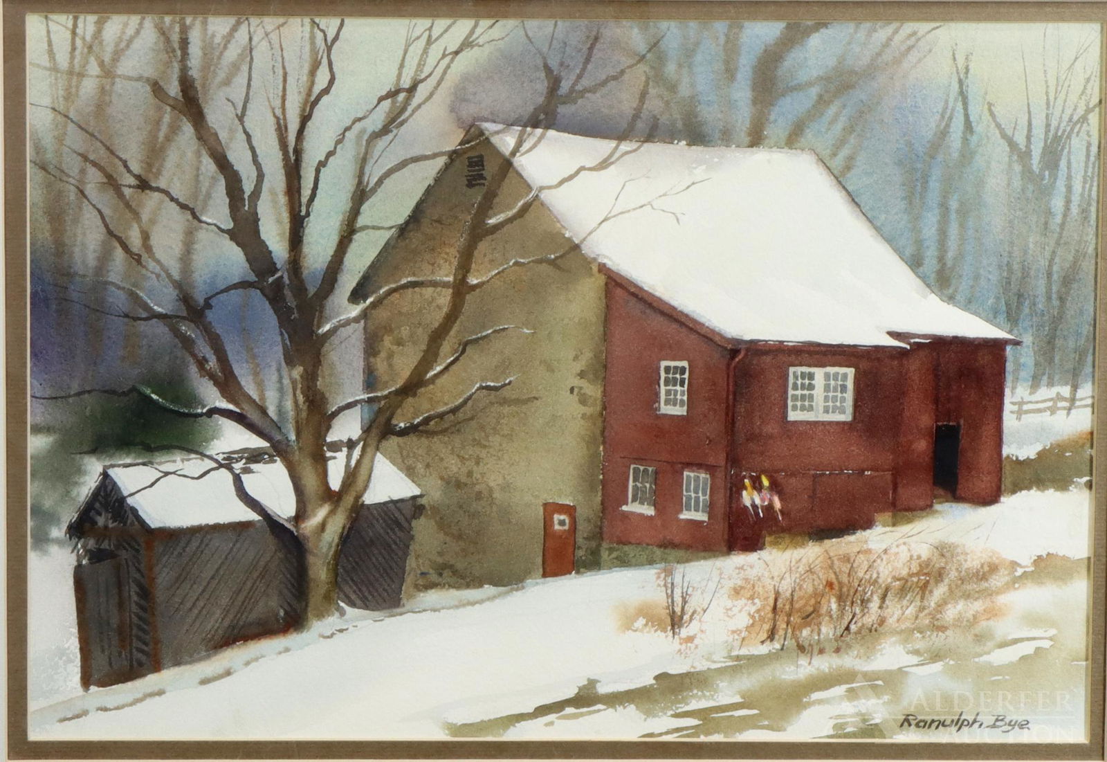 Ranulph Bye (1916 - 2003): Watercolor, SLR. Winter landscape of a stone barn and other outbuildings. Provenance: Newman Galleries, Bryn Mawr, Pa. 9.5"h x 14"sight and 17"h x 22.5"w