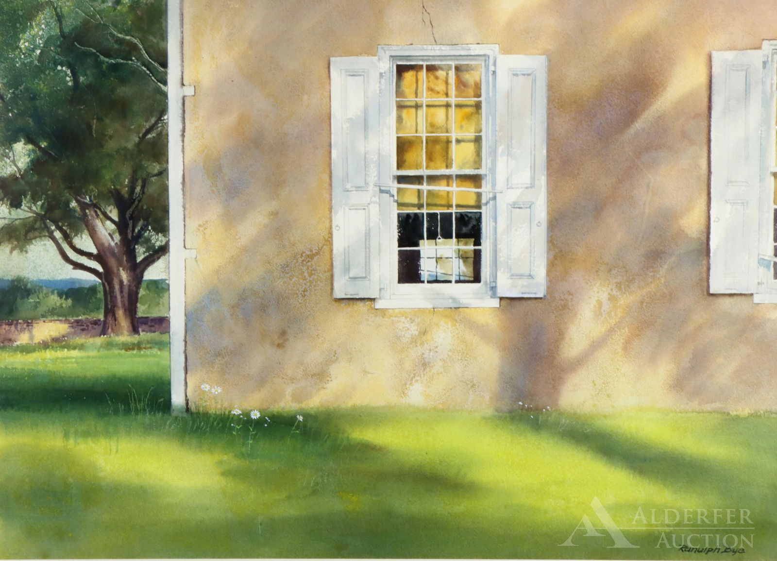 Ranulph Bye (1916 - 2003): Watercolor, SLR. Vignette style architectural landscape. 20.5"h x 28.5"w and 30"h x 38"w framed