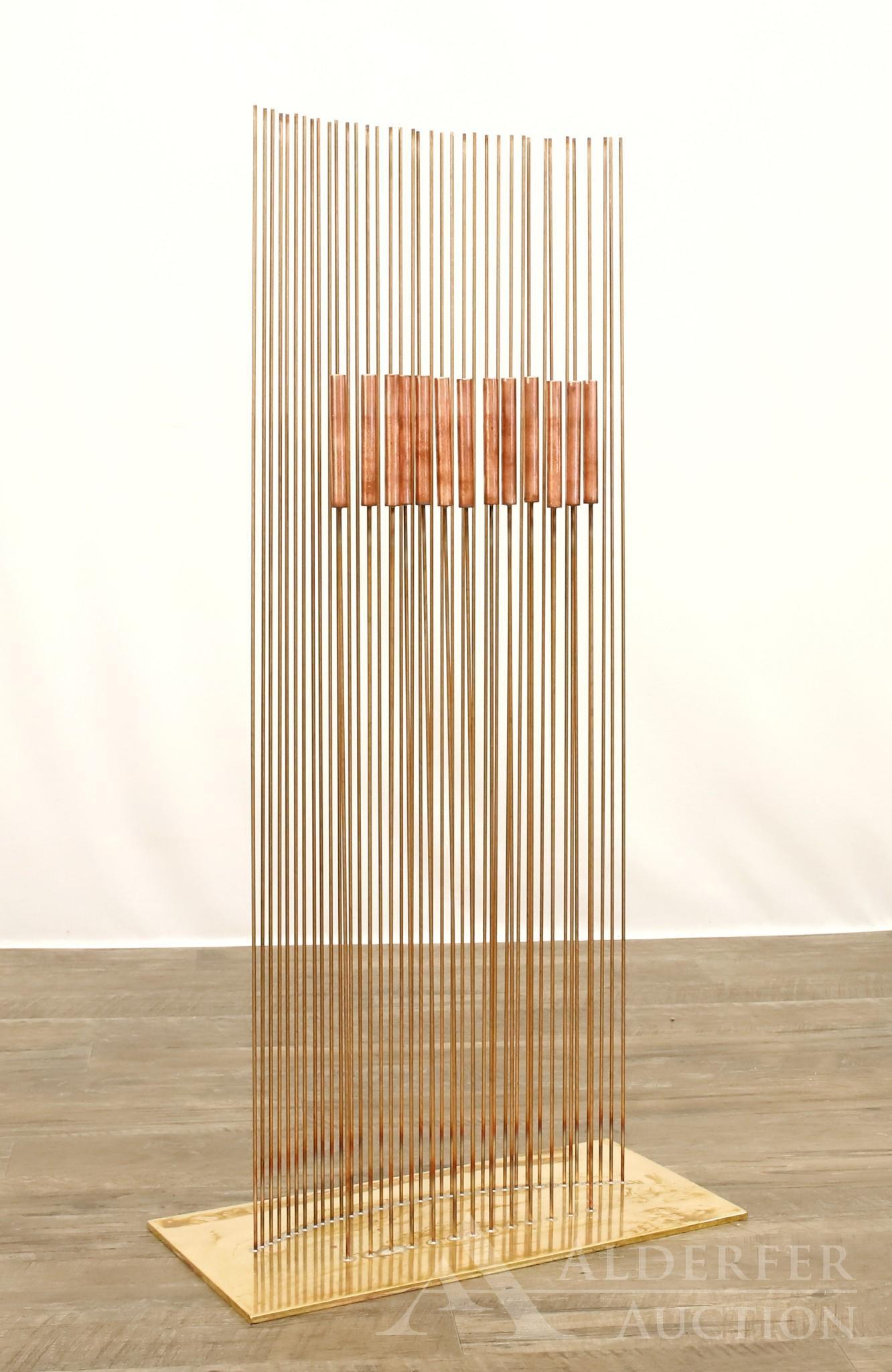 Val Bertoia (Born 1949): Sculpture titled "Sounds of 50 Bars for U.S.A.", numbered B-2436 and dated 2021. 13 copper cat tail tops silvered to beryllium copper rods and 37 rods silvered to brass plate. Includes copy of certifi