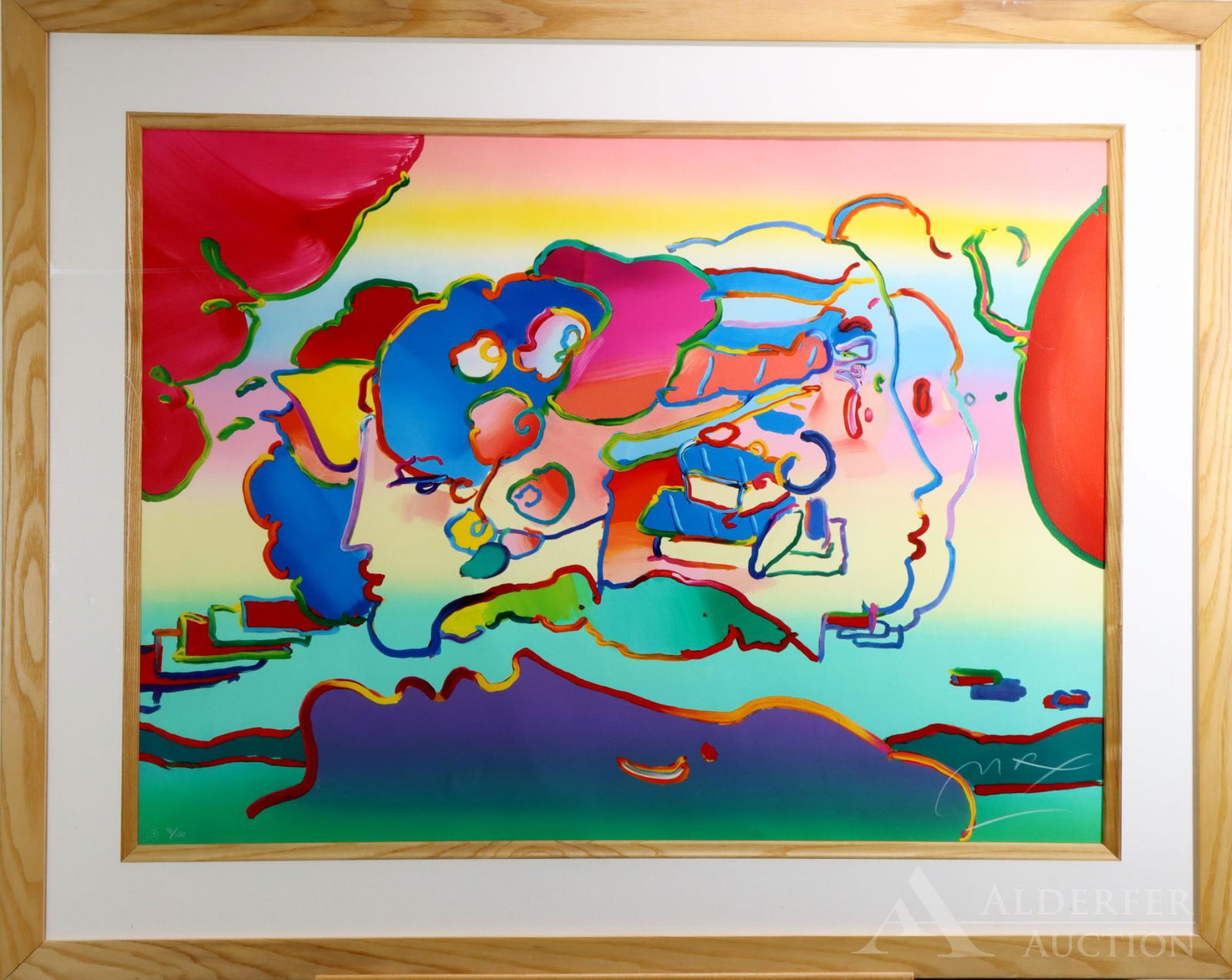 Peter (Finkelstein) Max (Born 1937): Lithograph, "Three Faces", SLR and numbered 91/100 with stamp. Surreal pop art scene with a trio of faces in vibrant colors and varying orientations. 25"h x 35.5"w sight and 36"h x 45.5"w framed