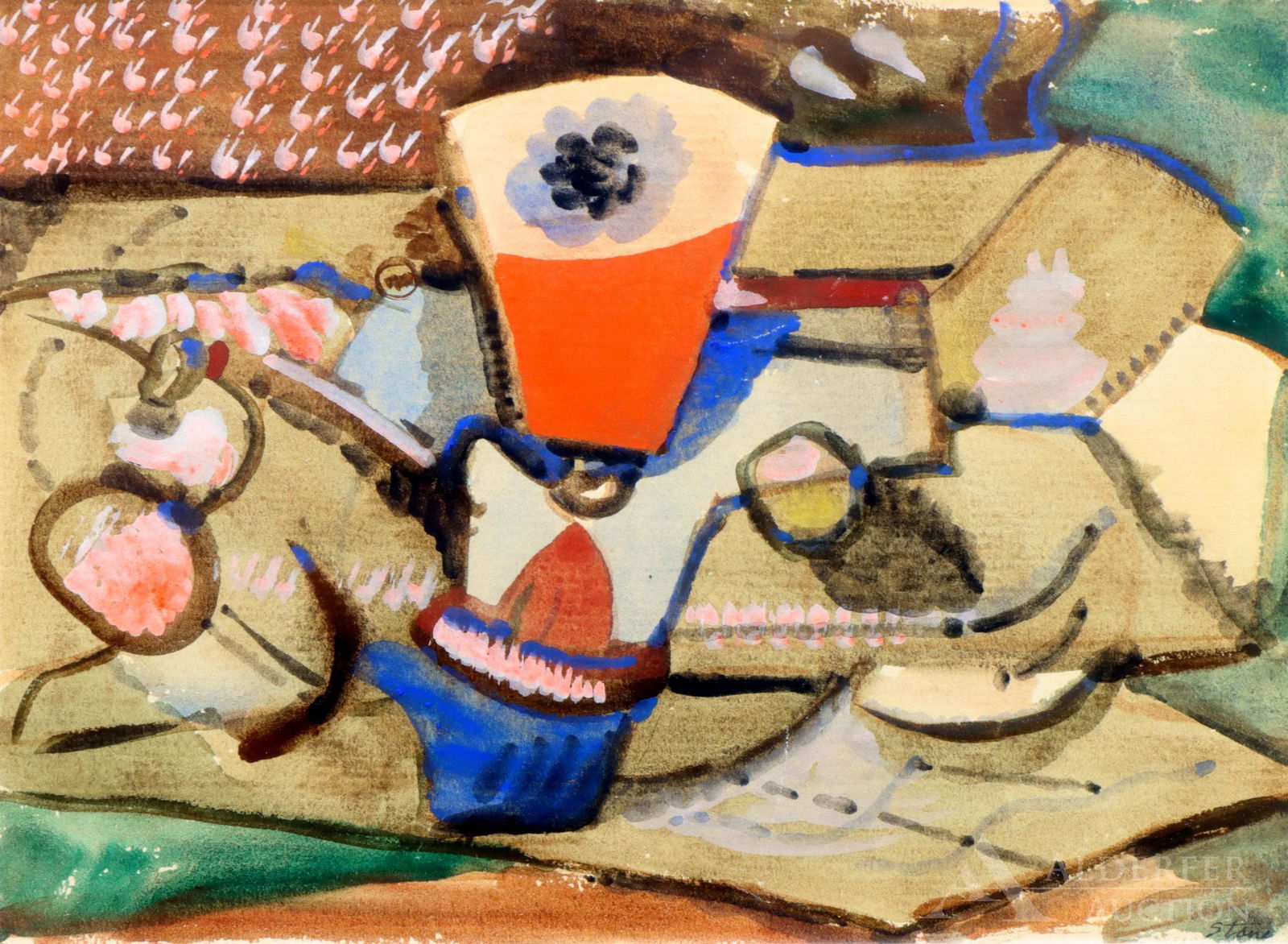 Louis K. Stone (1902 - 1984): Watercolor, SLL. Modernist table top still life. 4.75"h x 6.5"w and 10.25"h x 13"w framed