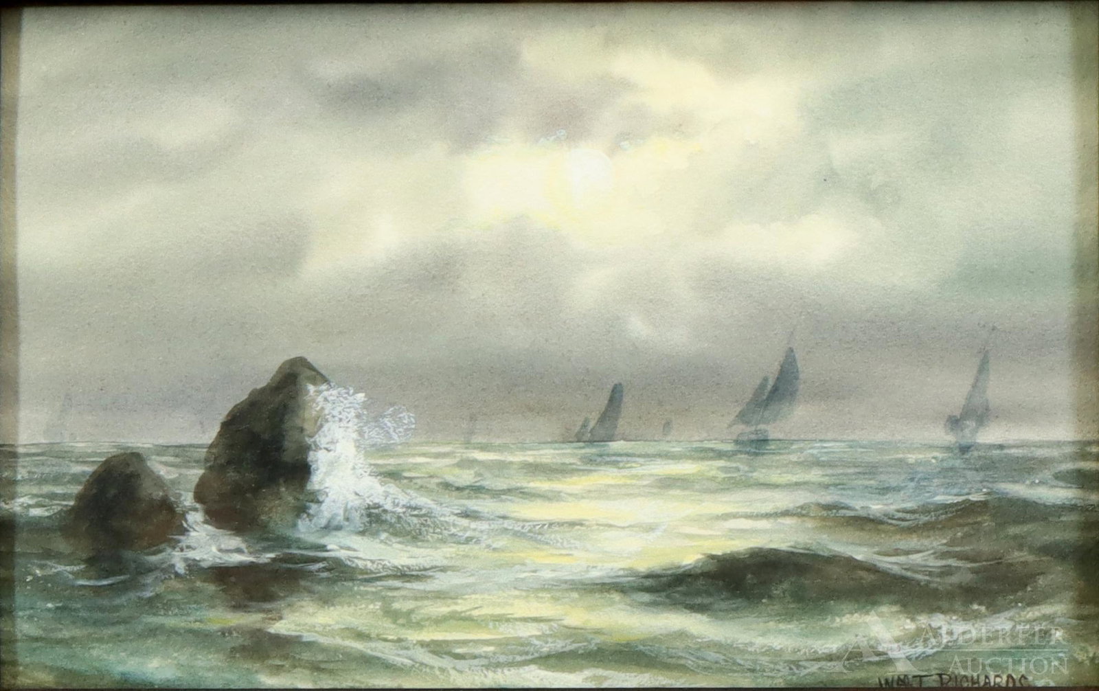 William Trost Richards (1833 - 1905): Watercolor on paper, SLR. Coastal landscape of a rocky shoreline with ships on the horizon. 5.5"h x 8.75"w sight and 13.75"h x 17"w framed