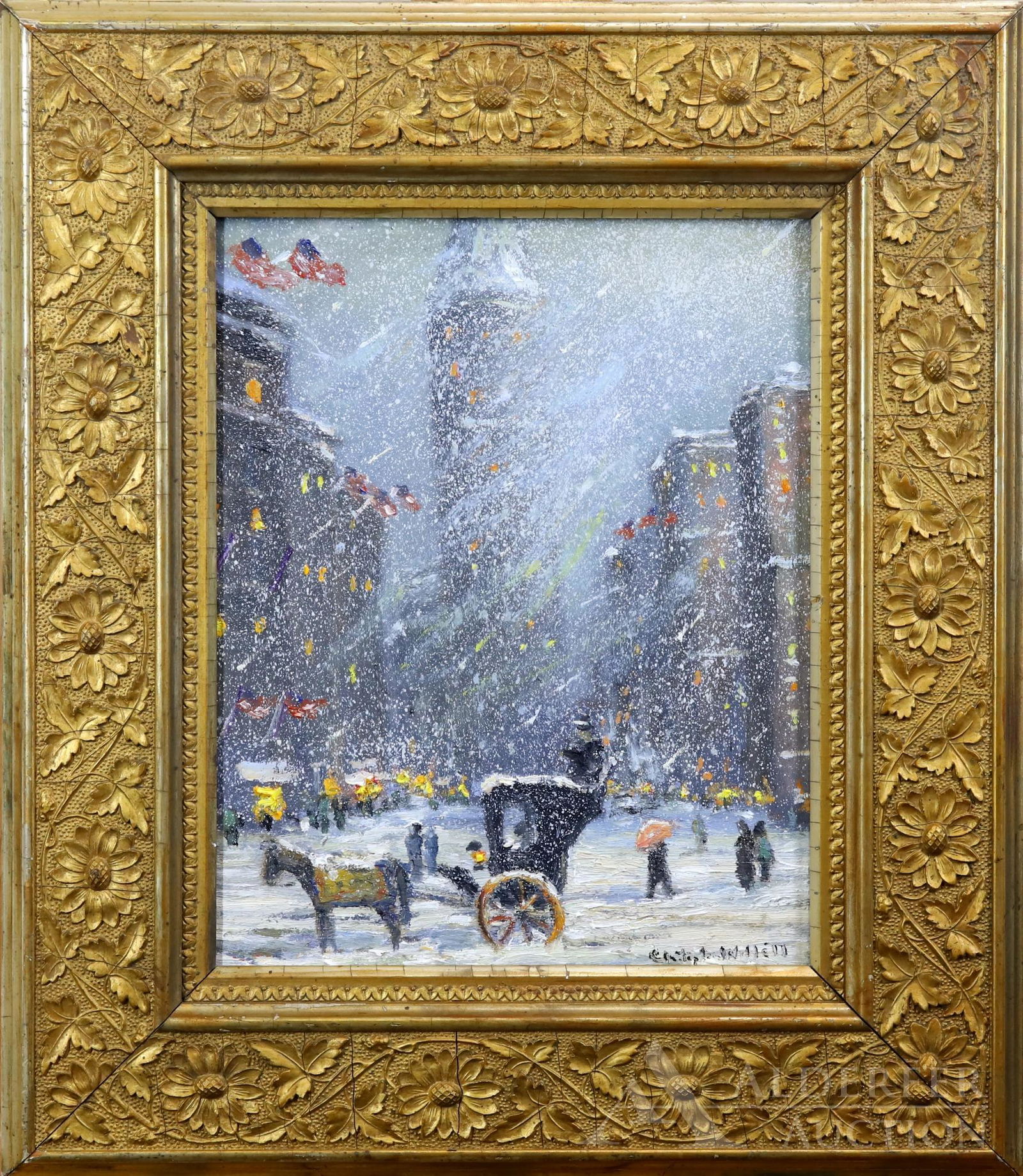 Christopher Willett (born 1959): Oil on board, "Coachman December, New York City, December", SLR. Snowy urban landscape of a horse drawn carriage with towering buildings in the distance. 10"h x 8"w and 15"h x 13"w