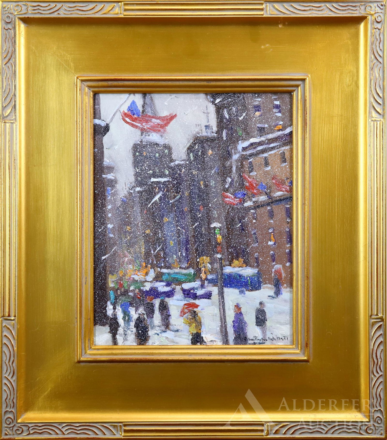 Christopher Willett (born 1959): Oil on board, "January NY City", SLR. Urban NYC street scene on a snowy afternoon. 10"h x 8"w and 16.5"h x 14.5"w framed.