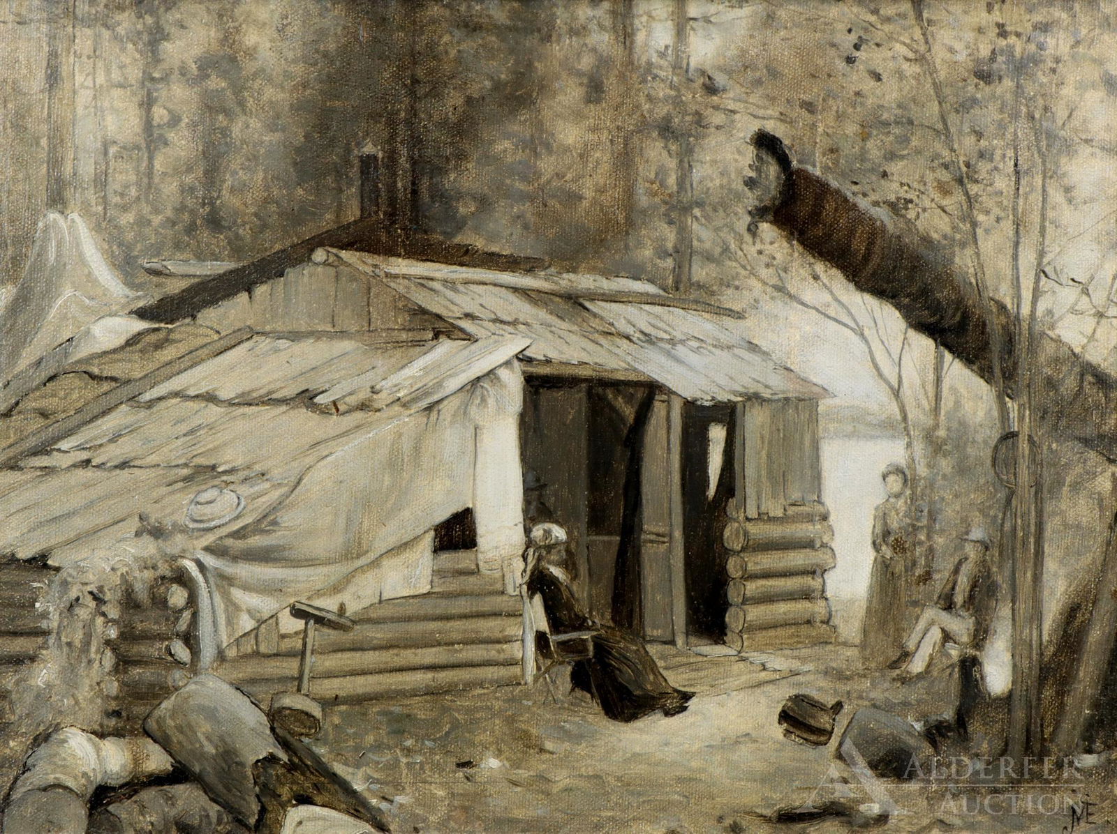Jervis McEntee (1828 - 1891): Oil on board, SLR. Grisaille scene of pioneers resting outside a log home. Fully cleaned, with minor retouch and revarnish by Pennsylvania Art Conservatory, Dec, 1998. 11.5"h x 15.25"w sight and 15.7