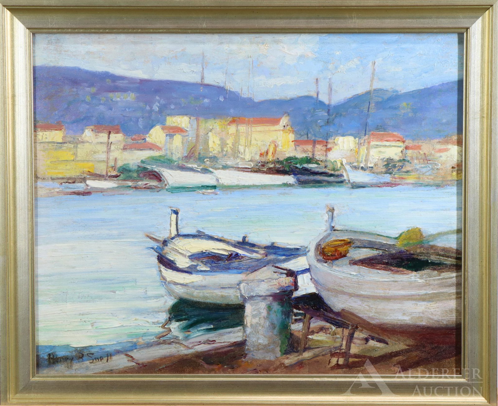 Henry Bayley Snell (1858 - 1943): Oil on panel, SLR. Harbor scene with docked sailing boats. 12.75"h x 16"w and 15"h x 18"w