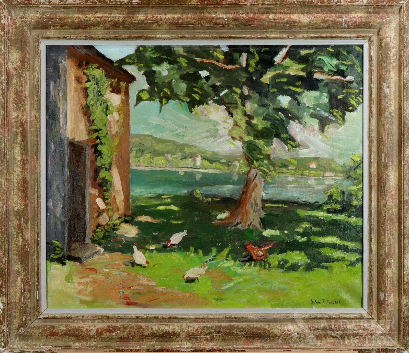 John Fulton Folinsbee (1892 - 1972): Oil on canvas, "Back Yard New Hope", SLR. Impressionist scene of a small flock of chickens. Small area of loss. 20"h x 24"w and 26.5"h x 30"w frame