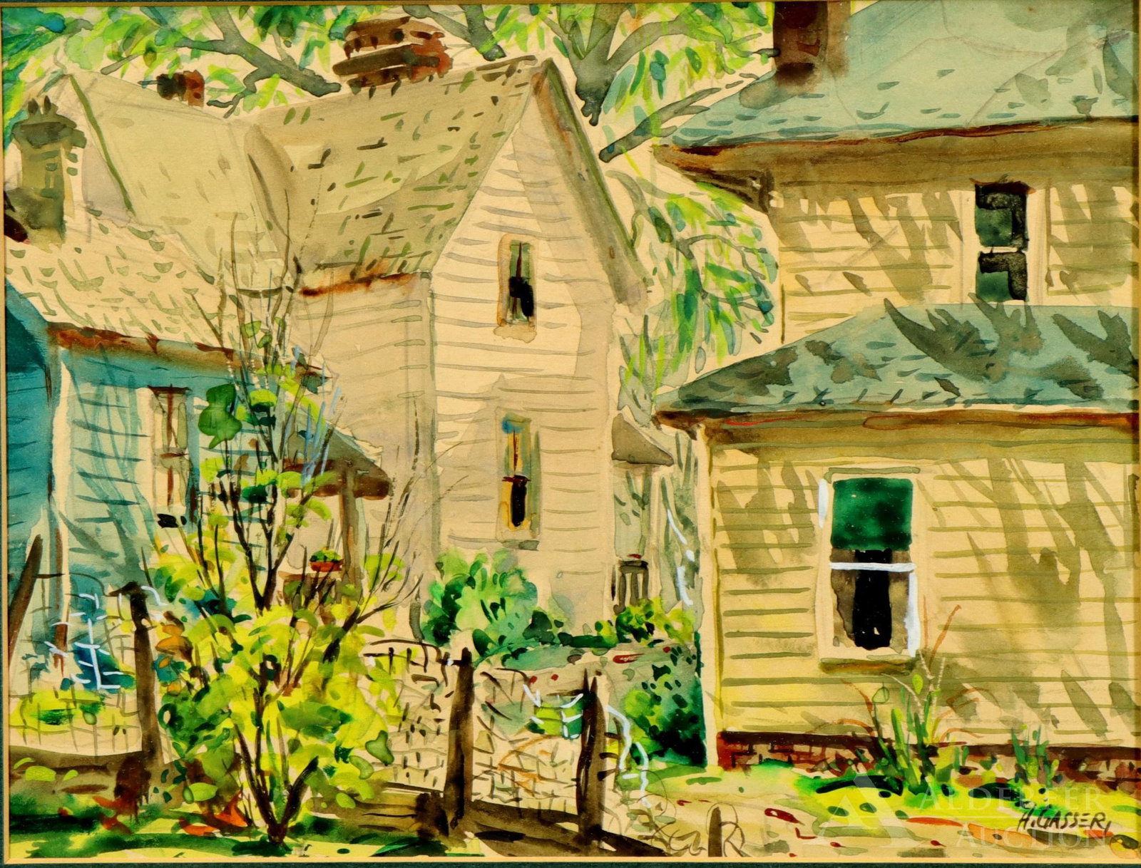 Henry Martin Gasser (1909 - 1981): Watercolor, "Back Yard", SLR. Urban landscape scene overlooking the gardens of a pair of homes. 7"h x 9"w sight and 16"h x 19"w framed.
