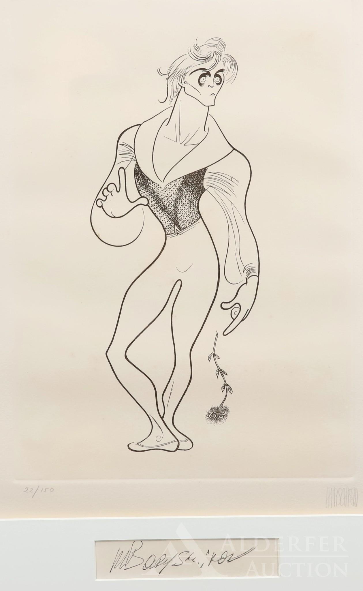 Albert Hirschfeld (1903 - 2003): Lithograph, SLR and numbered 22/180. Caricature and autograph of Soviet born ballet dancer Mikhail Nikolayevich Baryshnikov (1948-). 14"h x 10.5"w inside mat and 23.5h" x 17.5"w framed