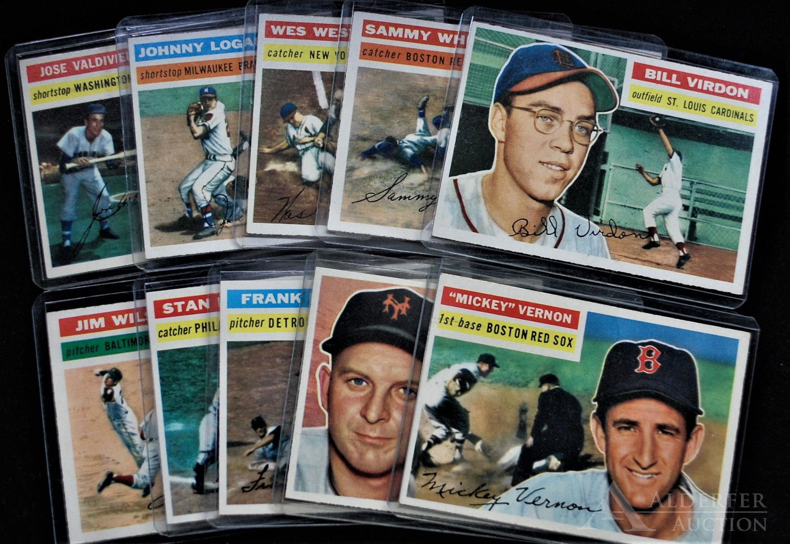 1956 Topps Baseball Cards (10): 1956T grey back Baseball Cards (10) Different High Grade - #136 Johnny Logan, #156 Wes Westrum, #168 Sammy White, #170 Bill Virdon, #171 Jim Wilson, #183 Stan Lopata, #191 Frank Lary, #205 "Whitey" L