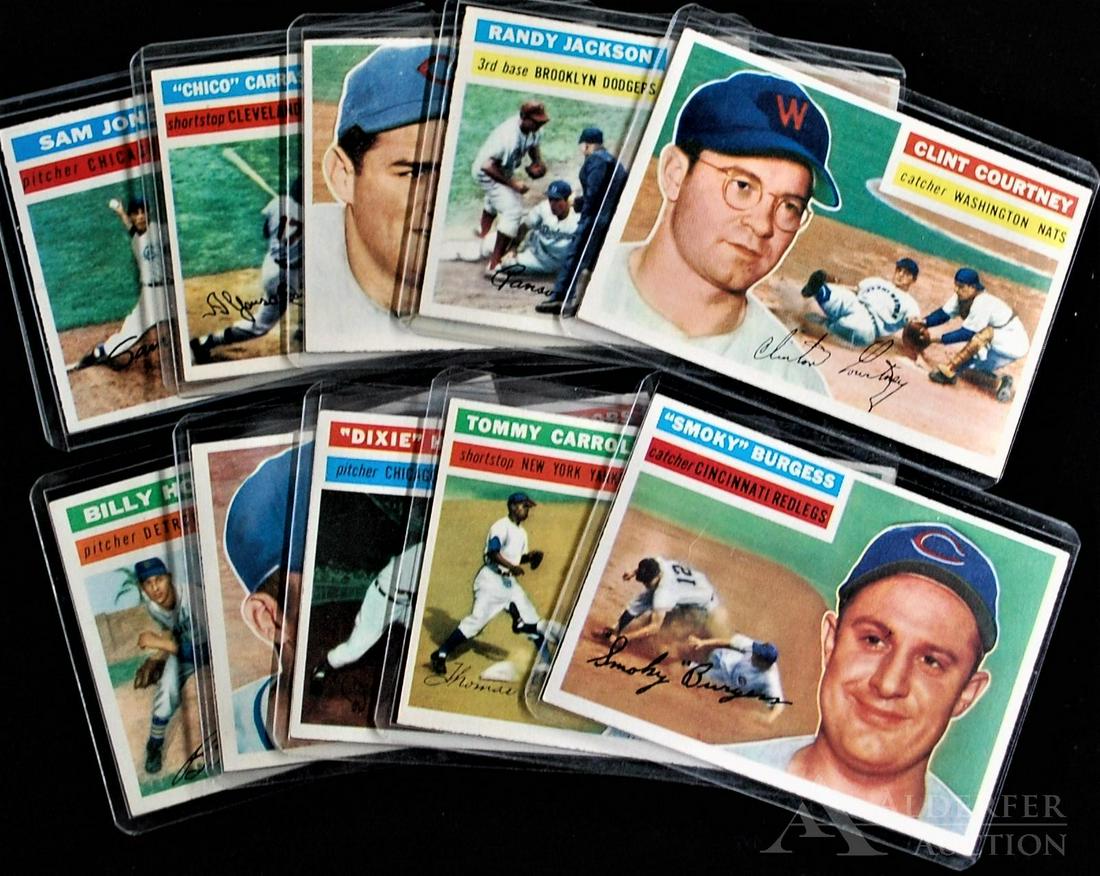 1956 Topps Baseball Cards (10): 1956T grey back Baseball Cards (10) Different High Grade - #139 Tom Carrol, #149 Dixie Howell, #151 Spook Jacobs, #152 Billy Hoeft, #159 Clint Courtney, #179 Harry Chiti, #192 Smokey Burgess, #223 Ran
