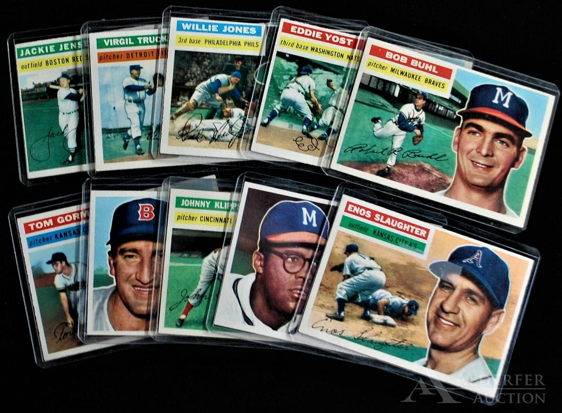 1956 Topps Baseball Cards (10): 1956T grey back Baseball Cards (10) Different High Grade - #109 Enos Slaughter, #115 Jackie Jensen, #117 Virgil Trucks, #127 Willie Jones, #128 Eddie Yost, #244 Bob Buhl, #246 Tom Gorman #248 Ed Porte