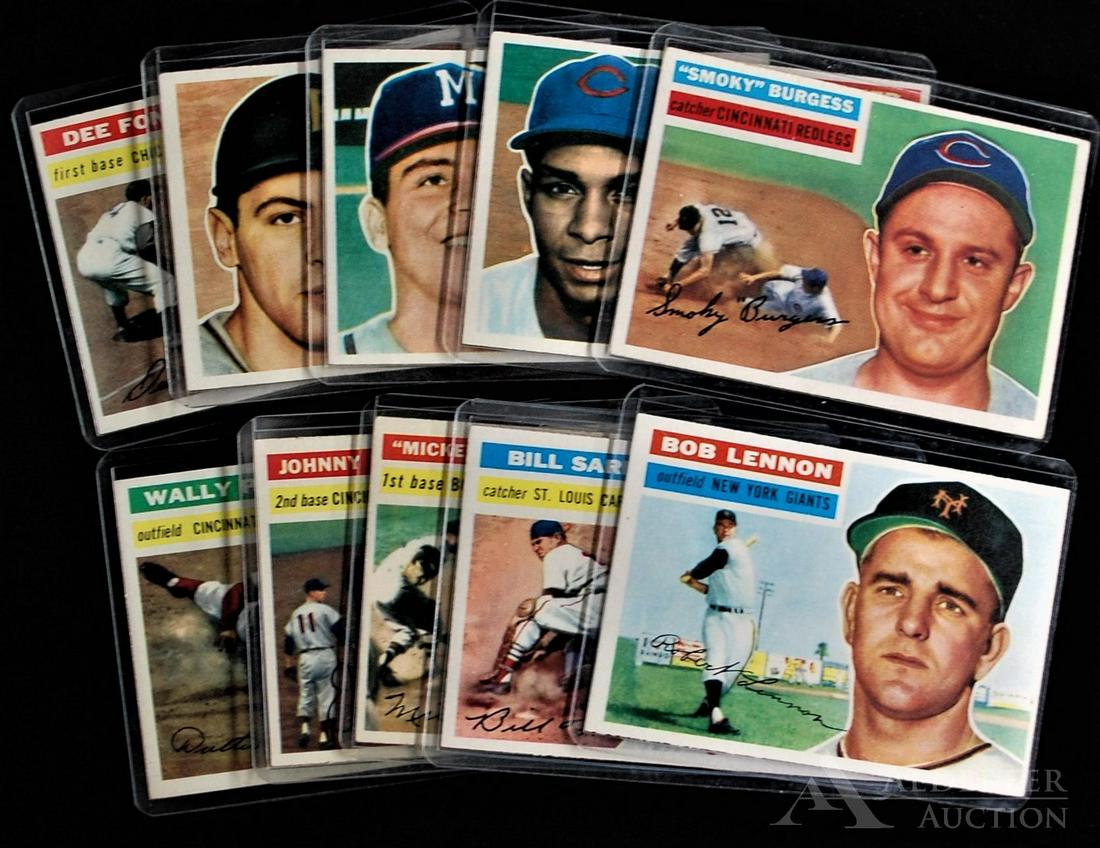 1956 Topps Baseball Cards (10): 1956T grey back Baseball Cards (10) Different High Grade - #104 Bob Lennon, #112 Dee Fundy, #116 Ed O'Brien, #131 Bob Roselli, #142 Gene Baker, #158 Wally Post, #192 Smokey Burgess, #212 John Temple,
