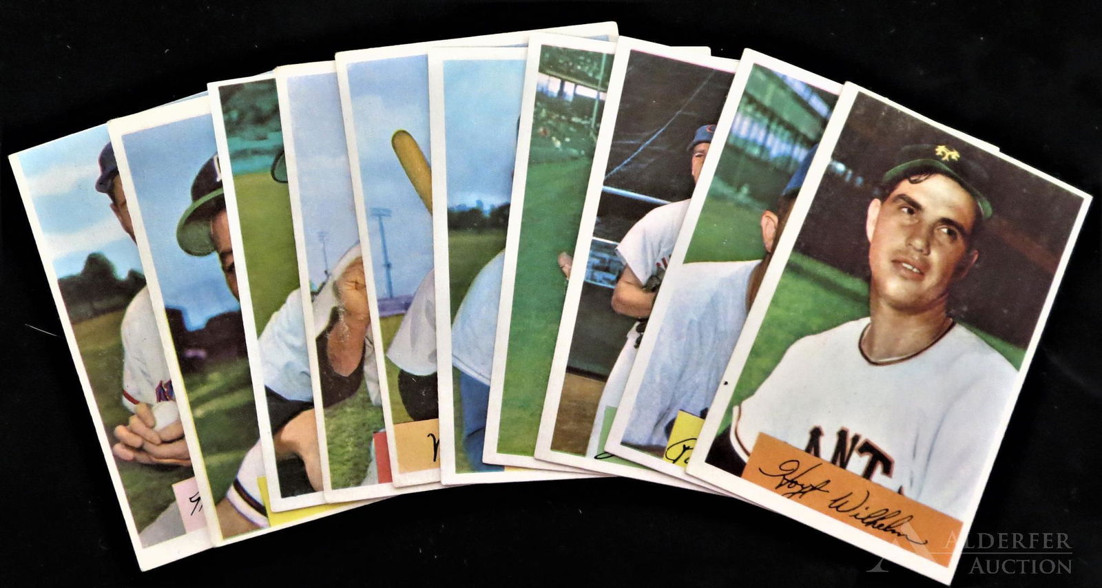 1954 Bowman Baseball Cards (10): 1954 Bowman baseball cards (10) Different - #3 Marion Fricano, #57 Hoyt Wilhelm (Hall of Fame), #176 Vern Bickford, #182 Sherm Lollar, #183 Matts Batts, #184 Mickey Grasso, #186 Russ Meyer, #187 Vern