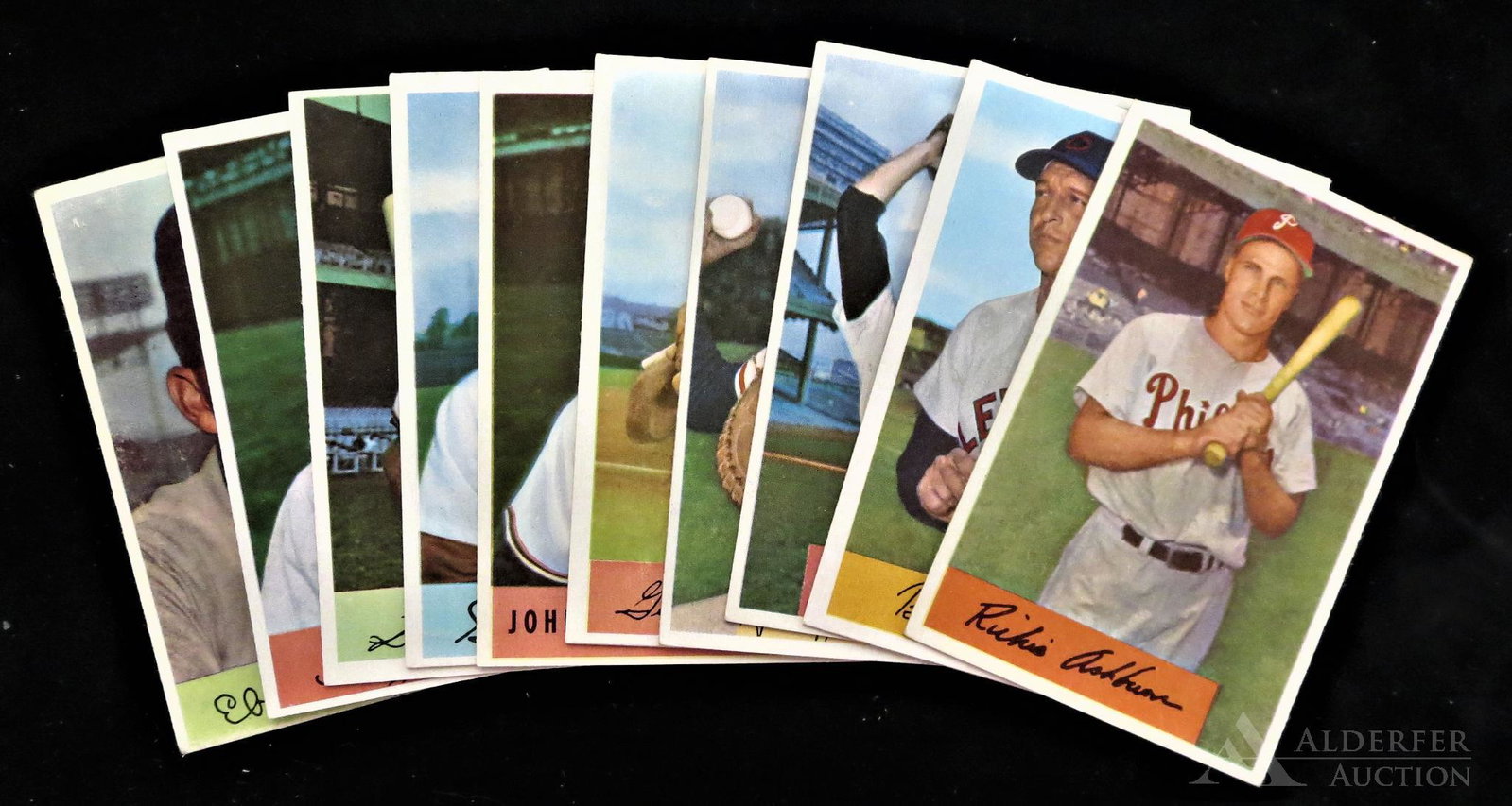 1954 Bowman Baseball Cards (10): 1954 Bowman baseball cards (10) Different - #4 Bob Hooper, #15 Richie Asburn (Hall of Fame), #128 Ebba St. Claire, #205 Hal Jeffcoat, #206 Steve Bilko, #207 Stan Lopata, #208 Johnny Antonelli, #209 Ge