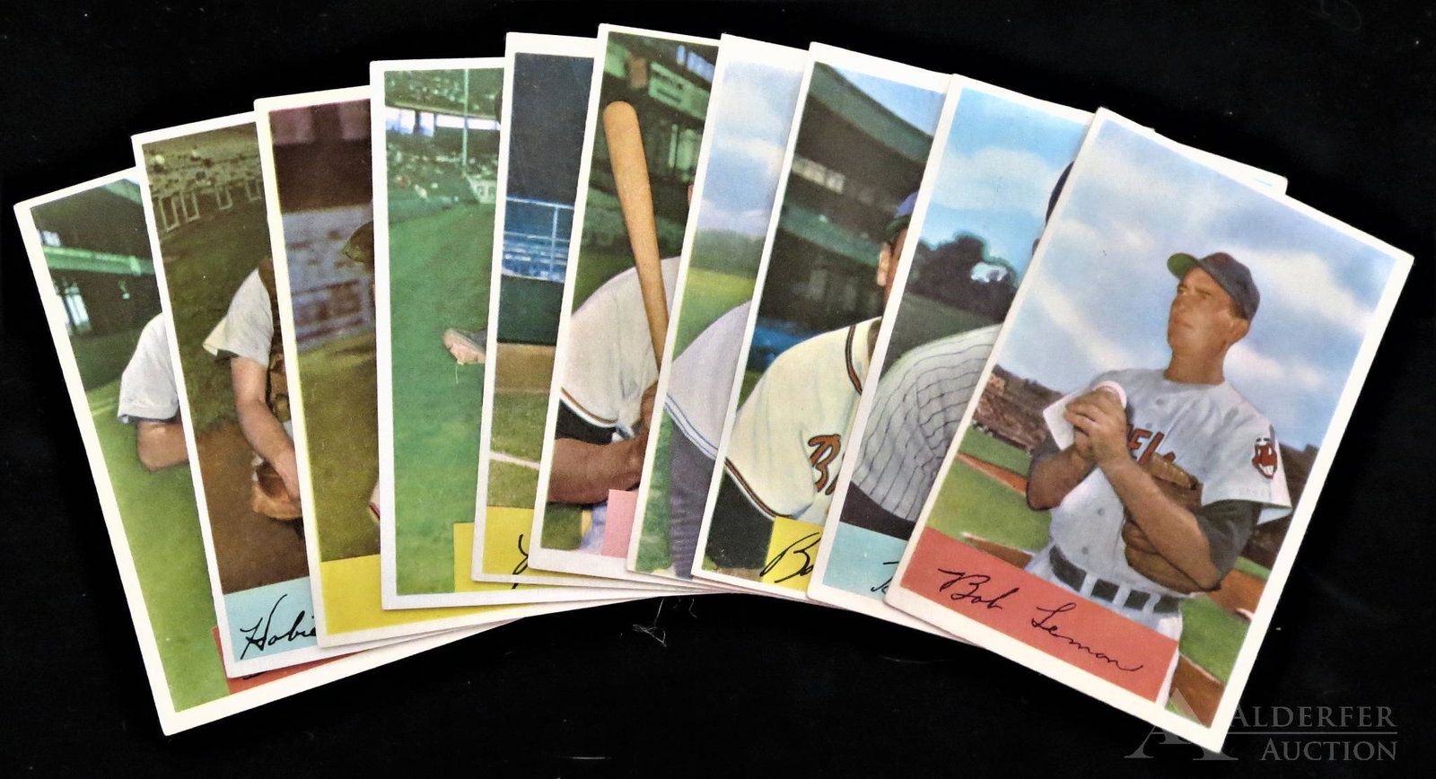 1954 Bowman Baseball Cards (10): 1954 Bowman baseball cards (10) Different - #24 Bob Porterfield, #187 Vernon Law, #196 Bob Lemon (Hal of Fame), #201 Bobby Thomson, #202 George Shuba, #203 Vic Janowitz, #204 Jackie Collum, #219 Hal R