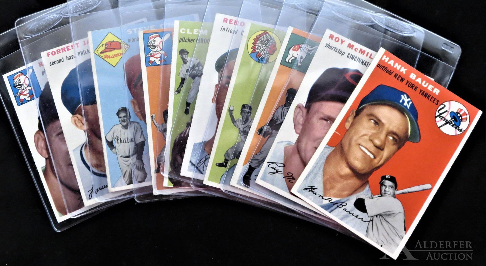 1954 Topps Baseball Cards (10): 1954 Topps baseball cards (10) Different - #120 Roy McMillan, #121 Clem Labine, #122 Johnny logan, #123 Bobby Adams, #124 Marion Fricano, #125 Harry Perkowski, #127 Steve O'Neill, #129 Forrest Jacobs,
