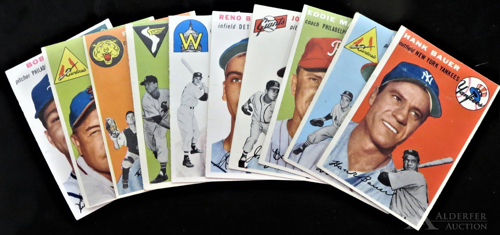 1954 Topps Baseball Cards (10): 1954 Topps baseball cards (10) Different - #119 Johnny Antonelli, #130 Hank Bauer, #131 Reno Bertoia, #140 Tom Wright, #146 Don Johnson, #147 John Riddle, #148 Bob Trice, #163 Frank House, #247 Eddie 