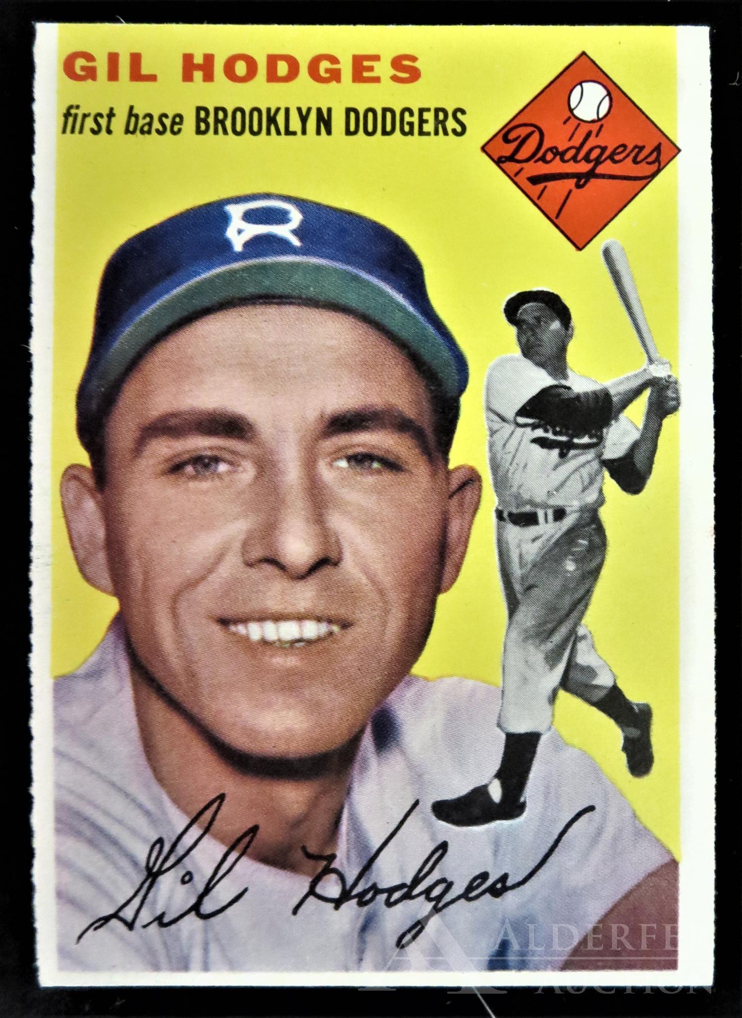 1954 Topps Gil Hodges Baseball Card: Brooklyn Dodgers 1st baseman Gil Hodges 1954 Topps #102 baseball card (sharp corners, good centering, wax pack fresh, investment quality)