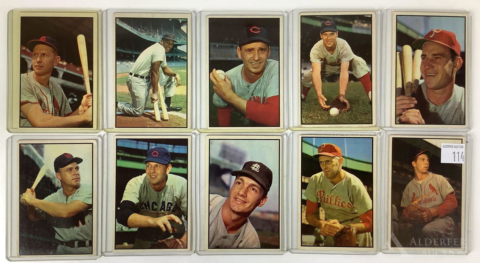 1953 Bowman Color Baseball Cards (10): 1953 Bowman color baseball cards (10) Different - #101 Red Schoendinst (Hall of Fame), #104 Luke Easter, #106 Ken Raffensberger, #108 Bobby Adams, #103 Del Ennis, #109 Ken Wood, #110 Bob Rush, #111 Ji