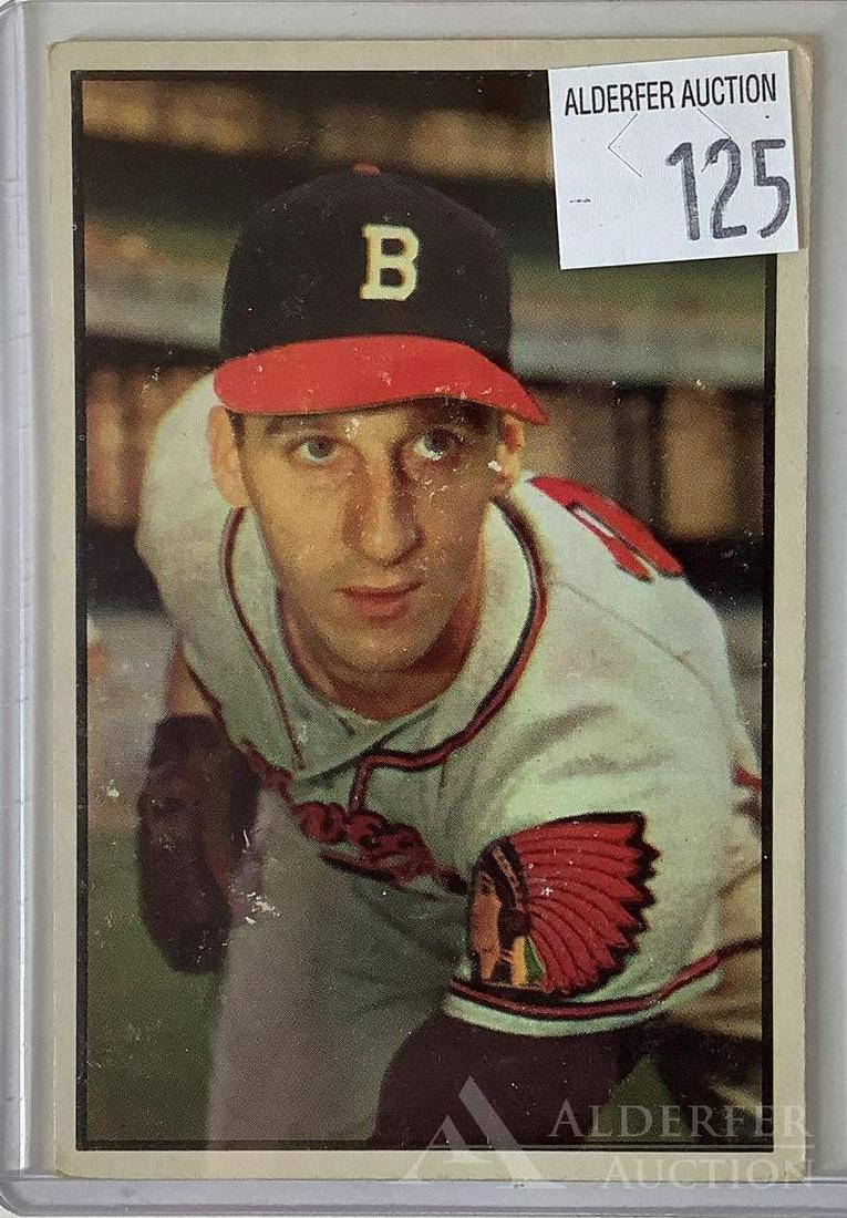 1953 Bowman Color Warren Spahn Baseball Card: Milwaukee Braves Hall of Fame pitcher Warren Spahn 1953 Bowman Color #99 baseball card (sharp corners, very good centering, wax pack fresh, investment grade)