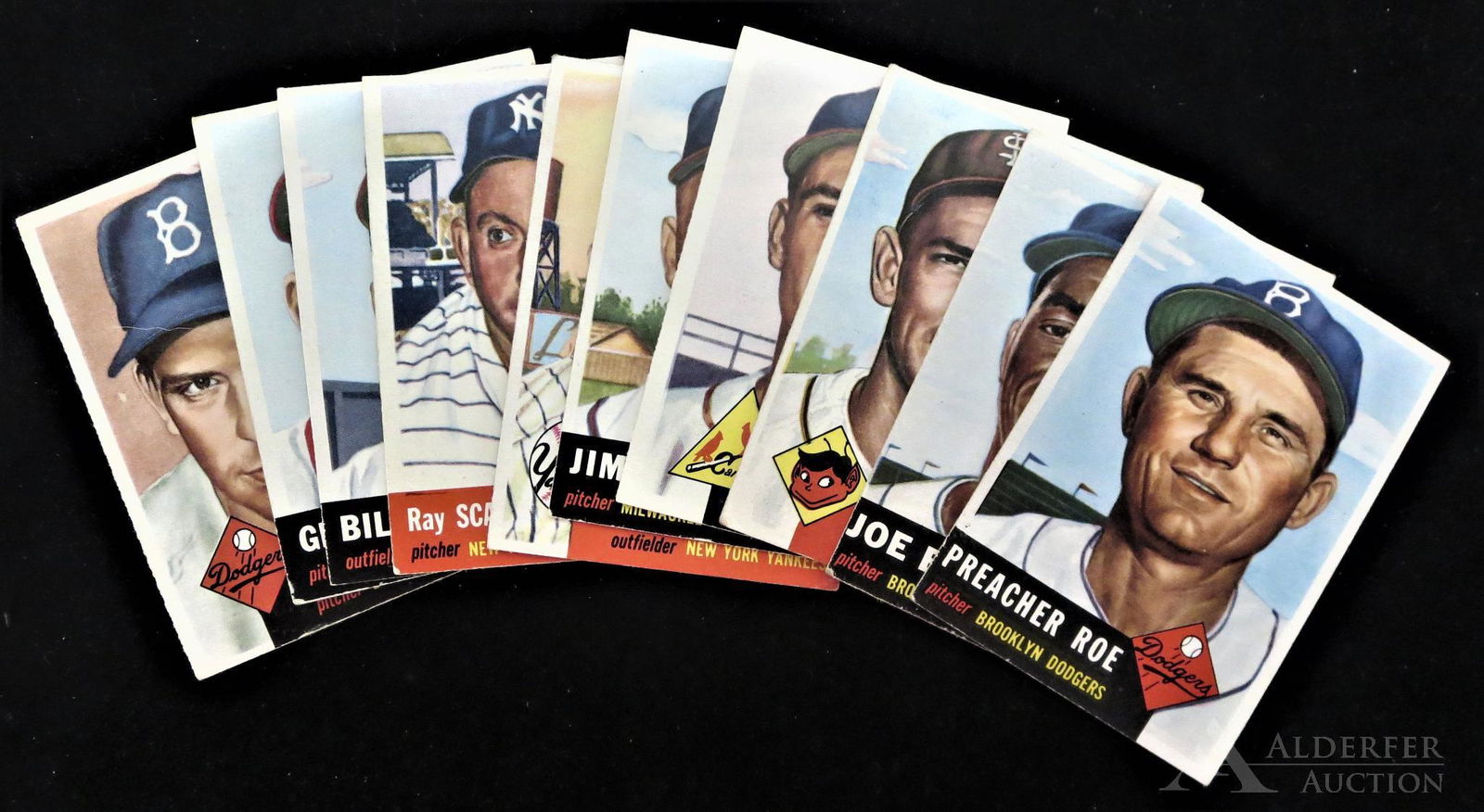 1953 Topps Baseball Cards (10): 1953 Topps baseball cards (10) Different - #81 Joe Black (short print), #203 Cliff Fannin, #204 Dick Bokelmann, #208 Jim Wilson, #210 Bob Cerv rookie card, #213 Ray Scarborough, #214 Bill Burton, #215