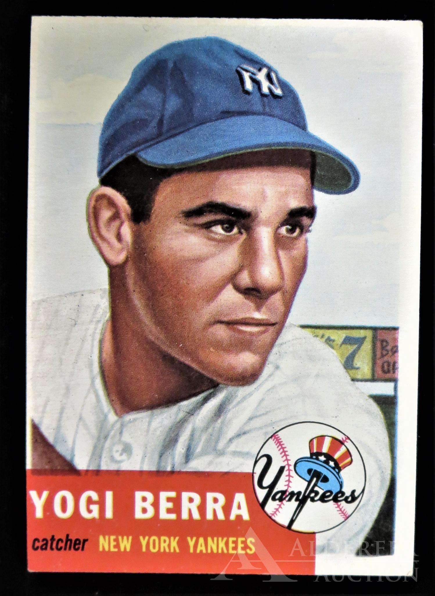 1953 Topps Yogi Berra Baseball Card: New York Yankees Hall of Fame catcher Yogi Berra 1953 Topps #104 short print baseball card (nice corners, collector quality)