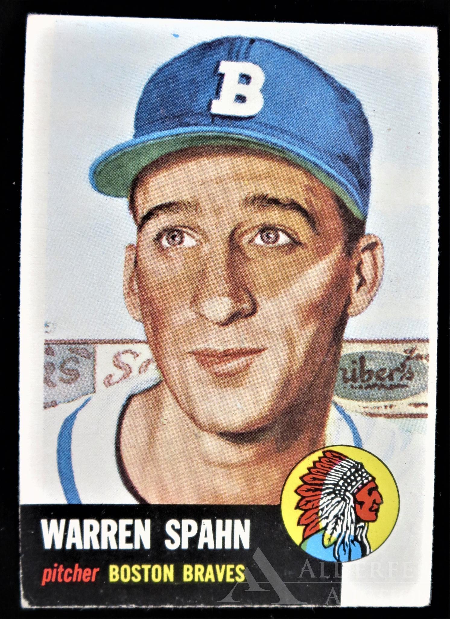 1953 Topps Warren Spahn Baseball Card: Milwaukee Braves Hall of Fame pitcher Warren Spahn 1953 Topps #147 baseball card (very good corners, collector quality)