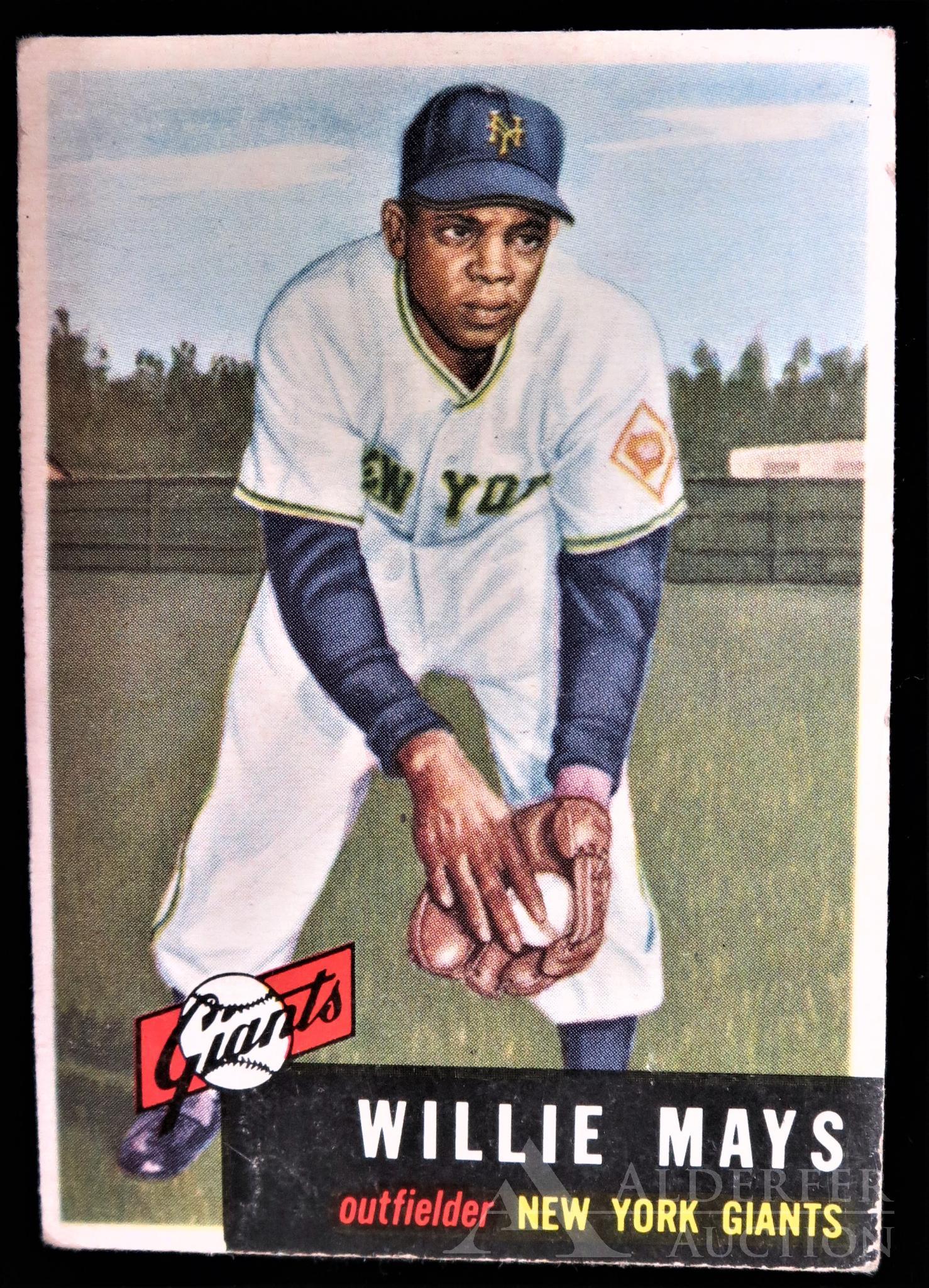 1953 Topps Willie Mays Baseball Card: San Francisco Giants Hall of Fame outfielder Willie Mays 1953 Topps #244 high number baseball card (good corners, good centering, (2) 1" light creases one at top one at bottom)