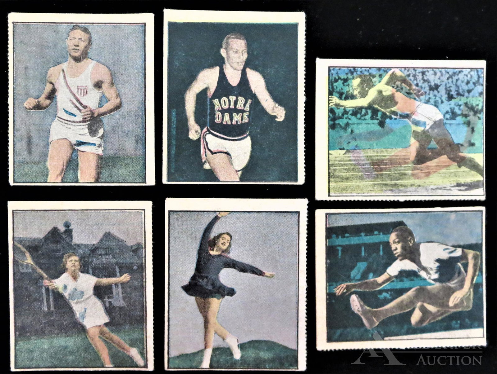 1951 Berks Ross Hit Parade of Champions Trading Cards: 1951 Berks Ross Hit Parade of Champions trading cards (6) Different - #4-13 Margaret DuPont (tennis), #3-17 Yvonne Claire (figure skating), #3-18 Jesse Owens (track & field), #4-16 Glen Cunningham (t