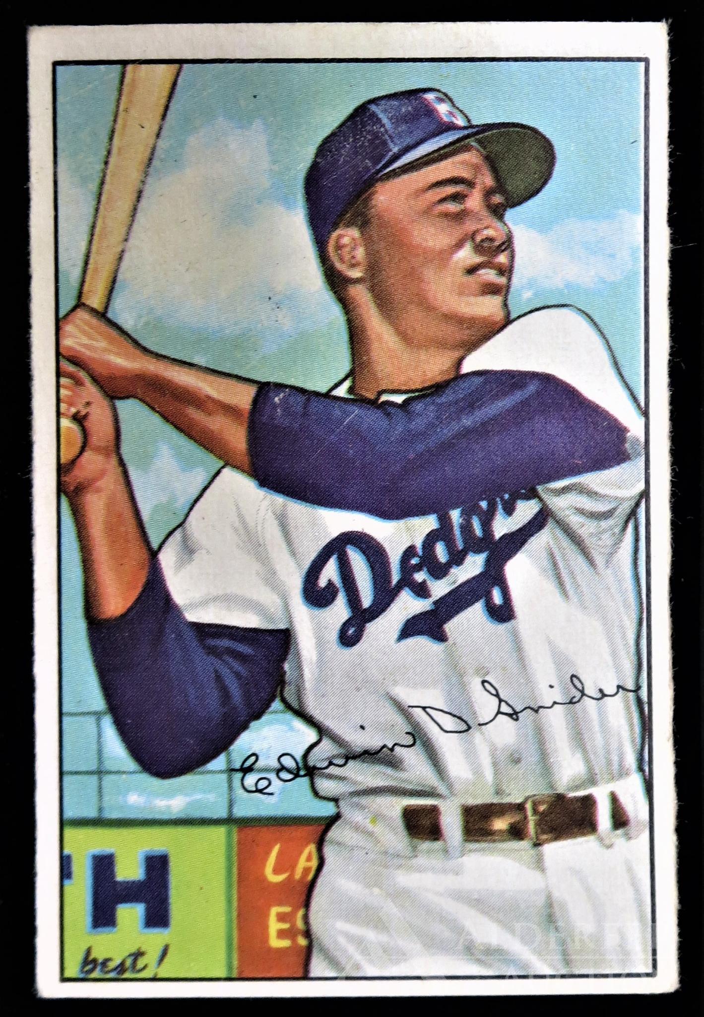 1952 Bowman Duke Snider Baseball Card: Brooklyn Dodgers Hall of Fame outfielder Duke Snider 1952 Bowman #116 baseball card (sharp corners, good centering, wax pack fresh, investment quality)