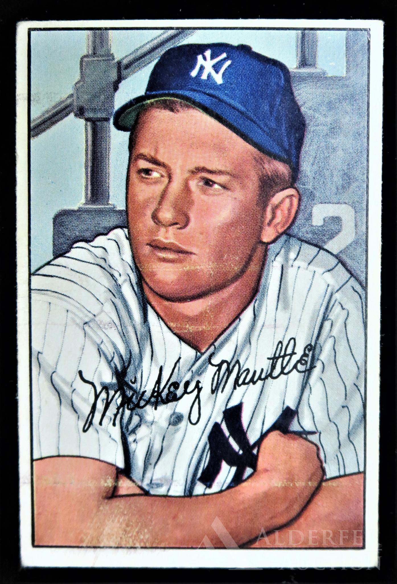 1952 Bowman Mickey Mantle Baseball Card: New York Yankee Hall of Fame outfielder Mickey Mantle 1952 Bowman #101 baseball card (nice corners, very nice centering, light crease across card starting at right shoulder and ending at left elbow)