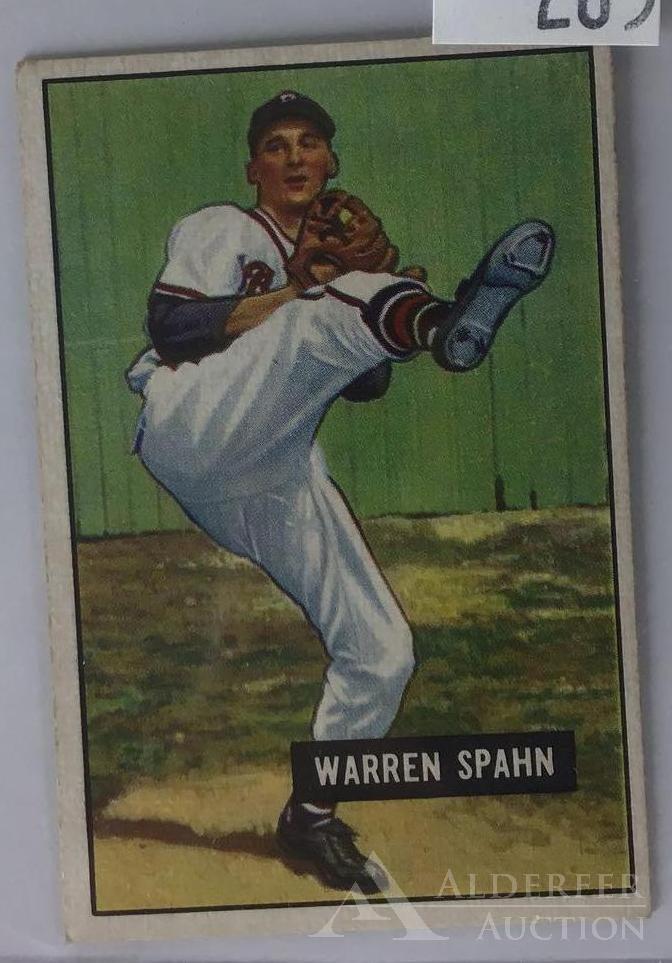 1951 Bowman Warren Spahn Baseball Card: Boston Braves Hall of Fame pitcher Warren Spahn 1951 Bowman #134 baseball card (sharp corners, good centering, wax pack fresh, investment quality)