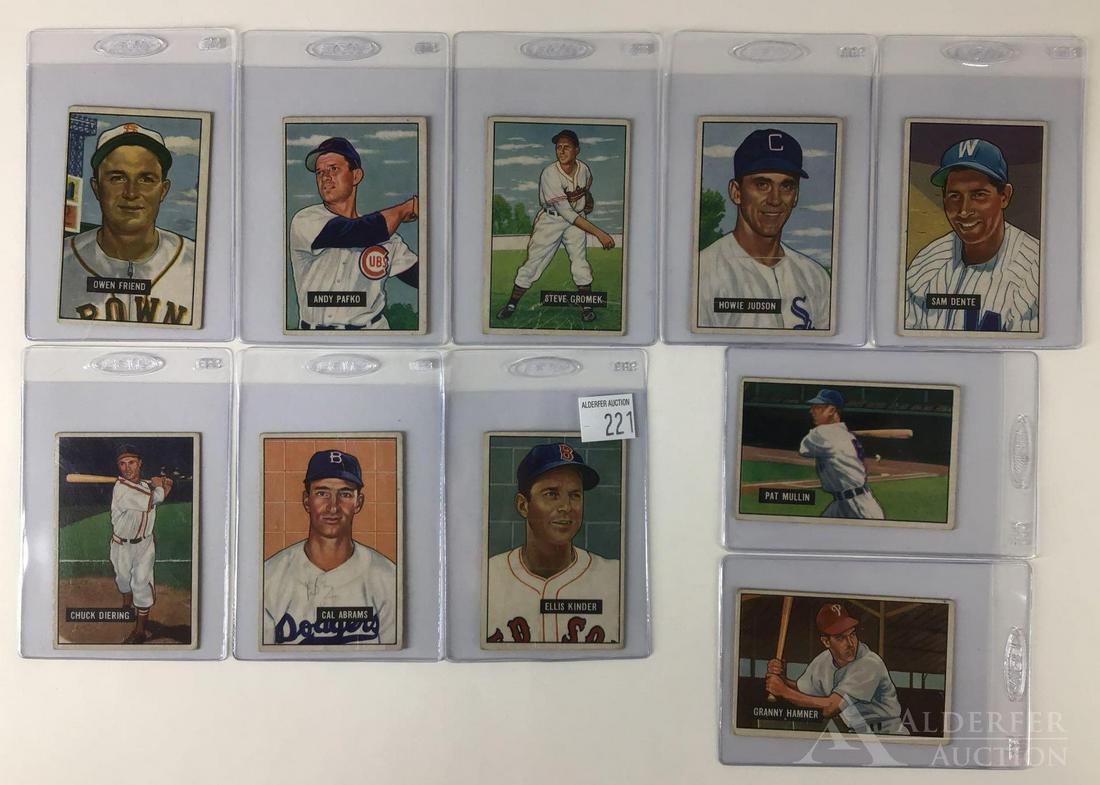 1951 Bowman Baseball Cards (10): 1951 Bowman baseball cards (10) Different - #101 Owen Friend, #103 Andy Pafko, #106 Pat Mullin, #115 Steve Gromek, #123 Howie Judson, #128 Ellis Kinder, #133 Sam Dente, #148 Granney Hamner, #152 Cal A