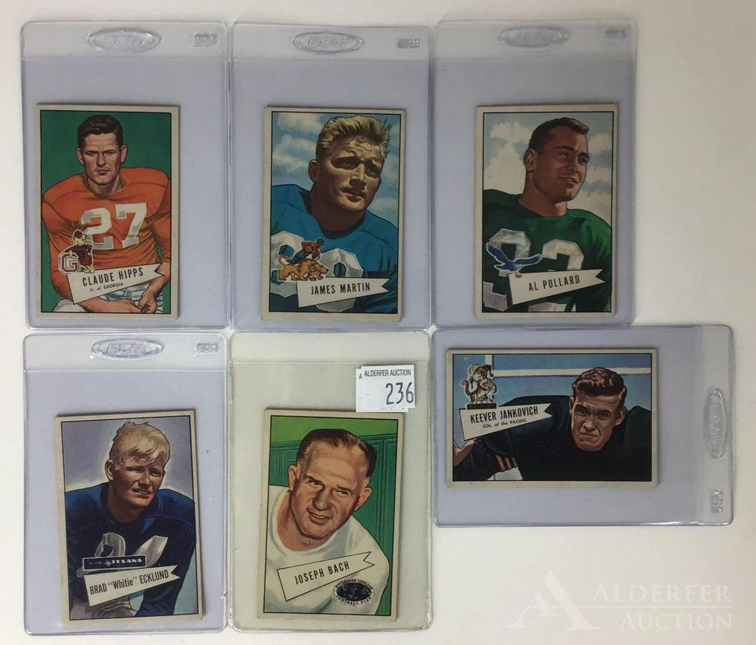 1952 Bowman Small Football Cards (6): 1952 Bowman small football cards (6) Different - #34 Al Pollard, #35 Brad Ecklund, #38 Keever Jankovich, #41 Claude Hipps, #52 James Martin & #53 Joseph Bach (sharp corners, very nice centering, wax p