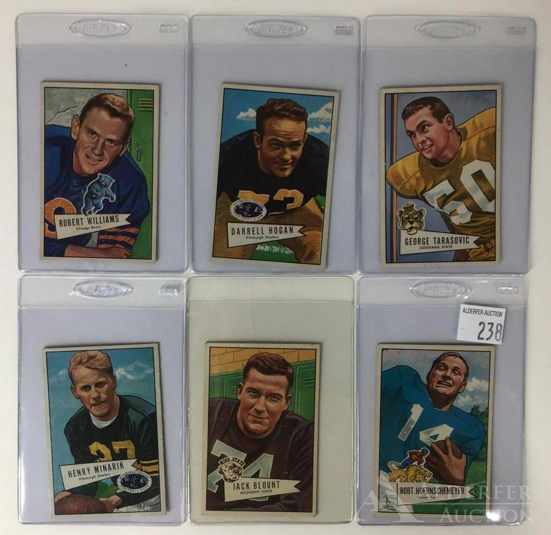 1952 Bowman Small Football Cards (6): 1952 Bowman small football cards (6) Different - #79 Robert Hoernschemeyer, #80 Jack Blount, #82 Harry Minarik, #94 George Tarasovic, #118 Darrell Hogan & #133 Robert Williams (sharp corners, very ni