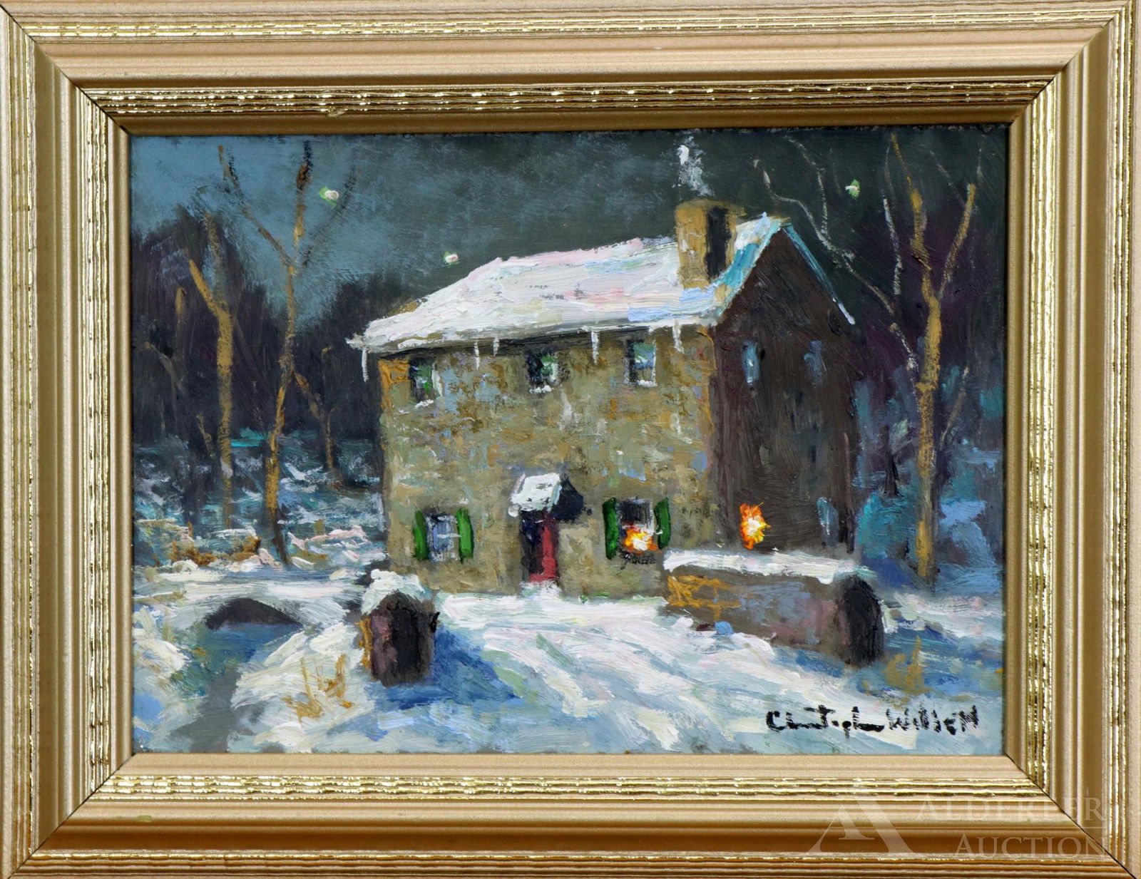 Christopher Willett (born 1959): Oil on board, "Old Bethlehem Pike, Bucks County", SLR. Winter nocturne of a snow capped home. 4.75"h x 7"w and 6.75"h x 8.75"w framed.
