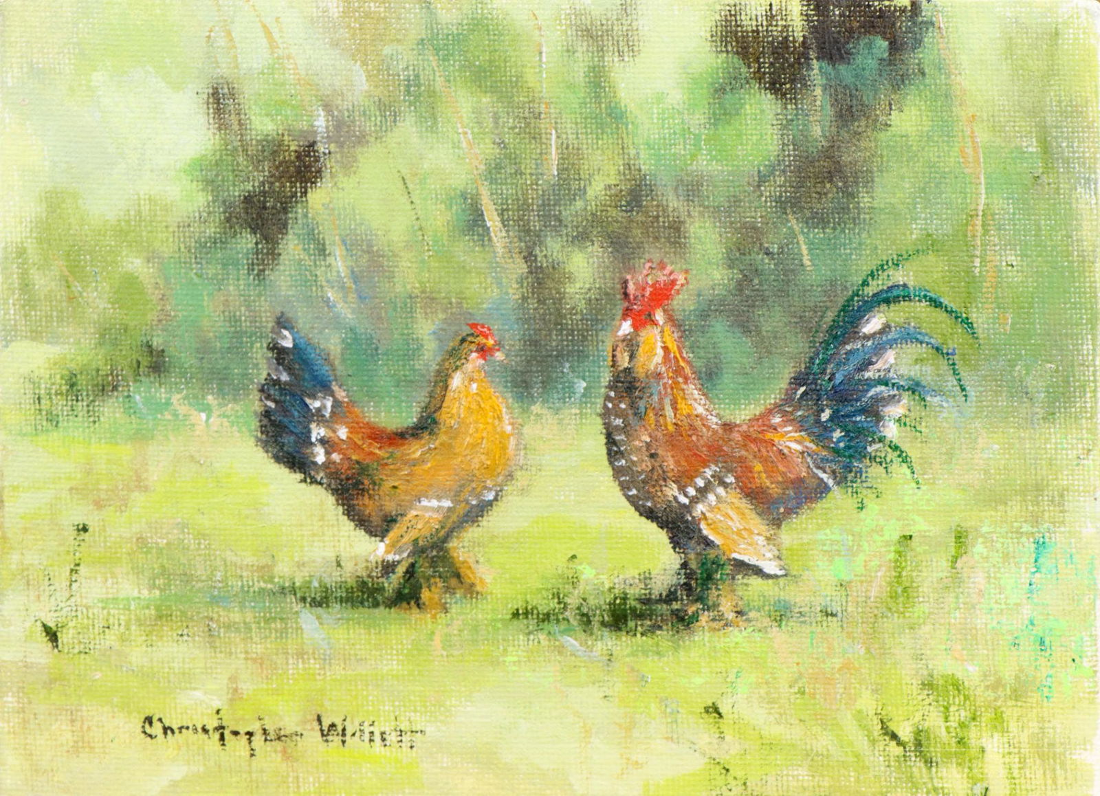 Christopher Willett (born 1959): Oil on board, "Friends Always", SLL. Portrait of a pair of chickens. Unframed. 6"h x 8"w