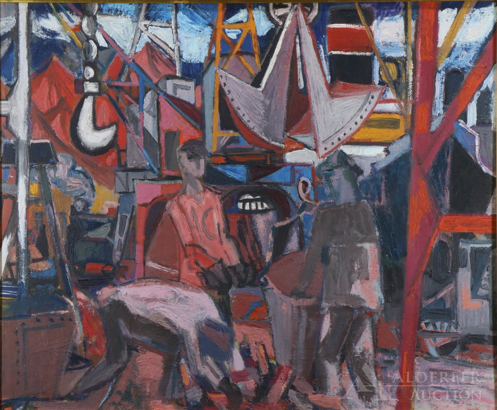 Roynette (20th c): Oil on canvas, "Port de caen", signed on stretcher. Cubist industrial scene. 20"h x 24" and 23"h x 27.5"w framed