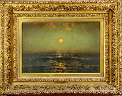 George Bunn (fl.1885 - 1898): oil on canvas, slr. Coastal landscape with the sun setting over the breakers and ships on the horizon. 12"h x20"w and 22"h x 28"w framed