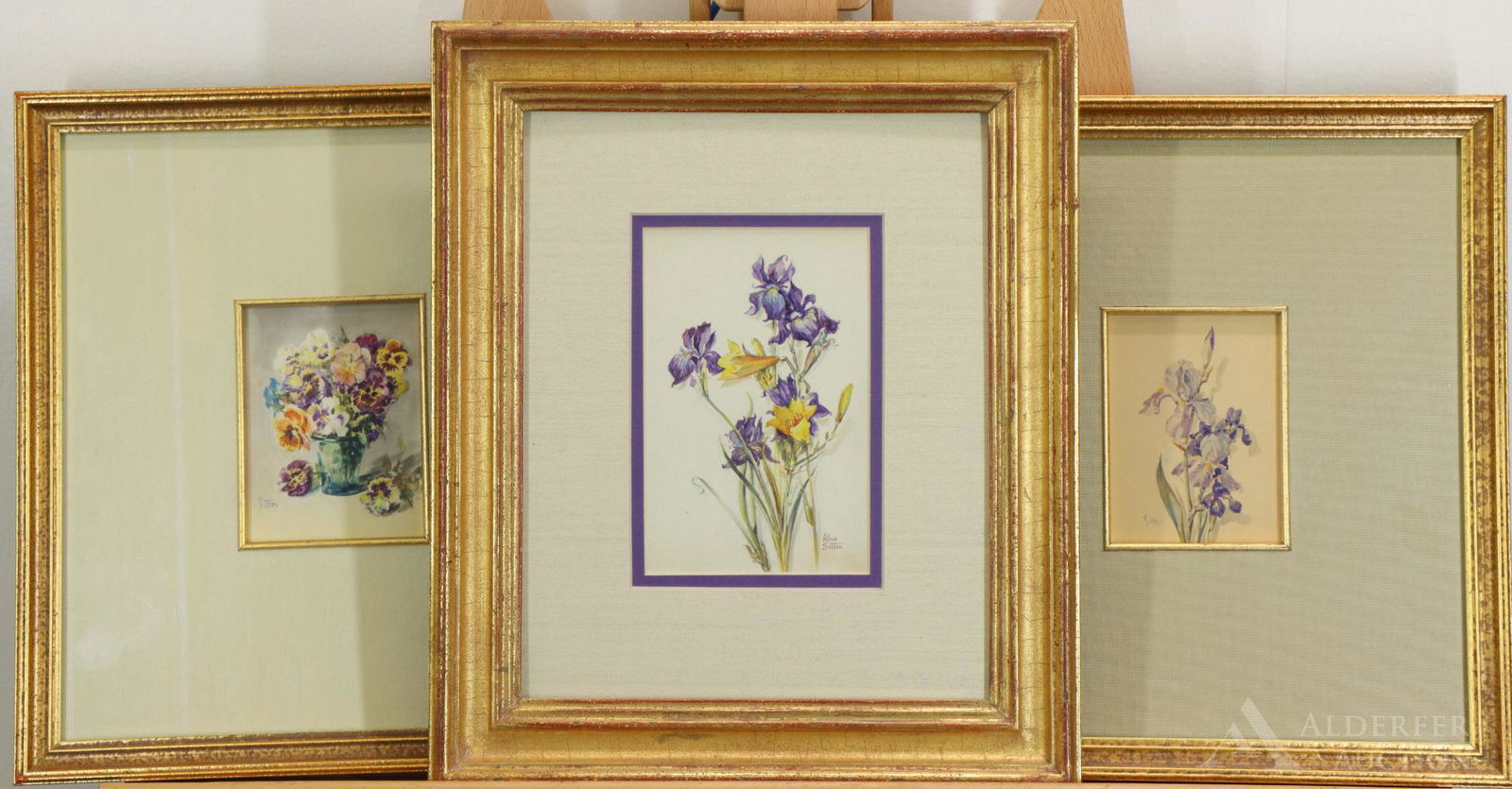George William Sotter (1879 - 1953) and Alice Bennett: Grouping of floral still life watercolors, two are signed by George Sotter and the other by Alice Sotter. Largest 5.5"h x 3.75"w sight and 12.5"h x 10.5'w framed.