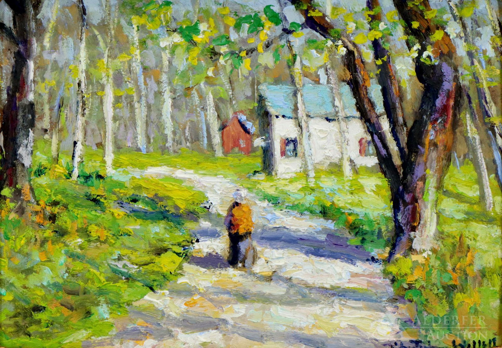 Christopher Willett (born 1959): Oil on board, "Tinicum, Almost Home, Spring", SLR. Spring landscape with a woman heading home on a tree lined path. 5"h x 7"w and 7"h x 9"w framed